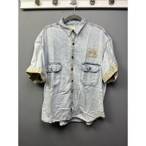 Bonjour Shirt Womens Large Vintage Y2K Cotton Acid Wash Denim Blue Floral Pocket
